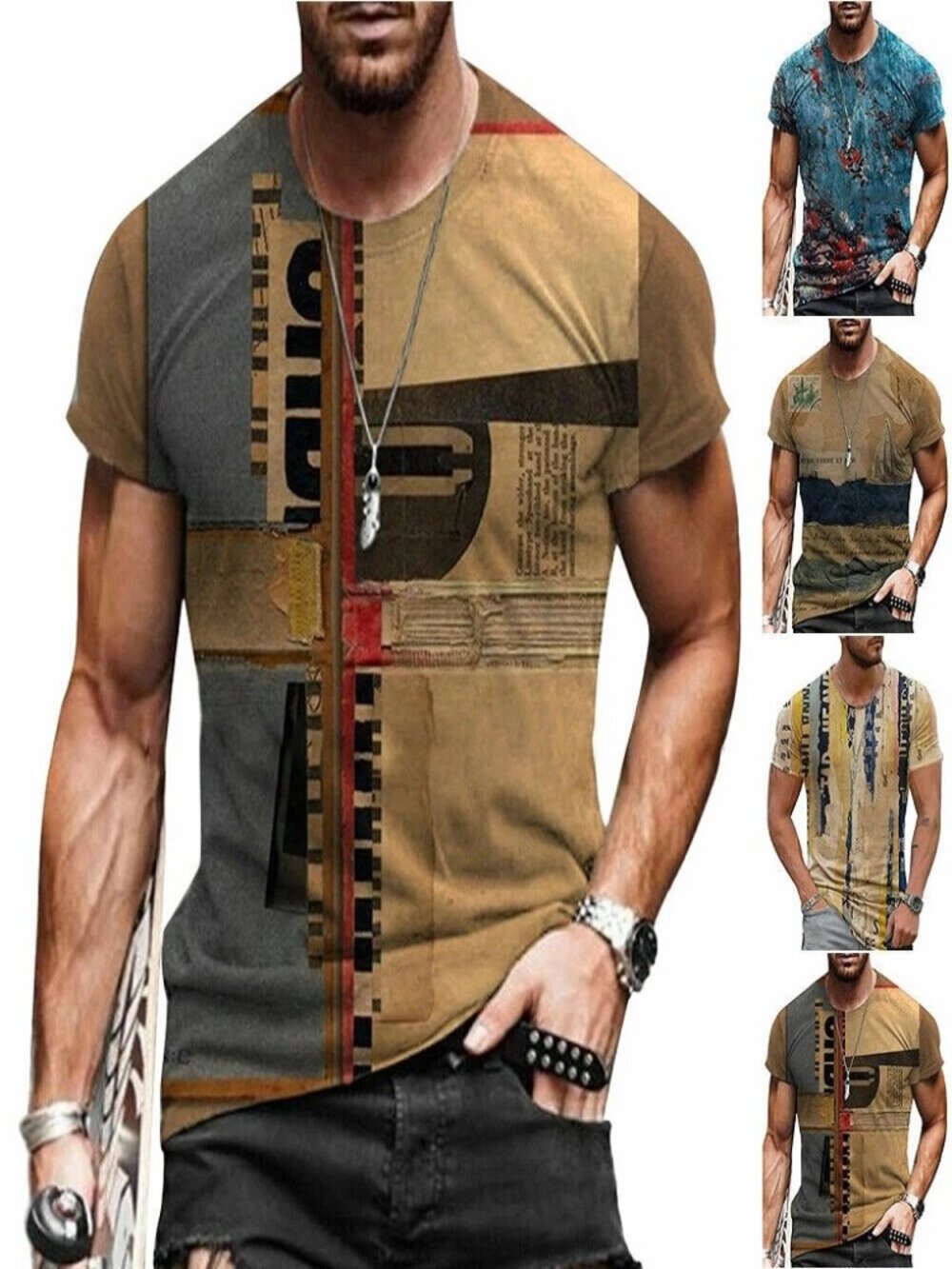 T-Shirt Mens Vintage Printed Short Sleeve Blouse Summer Casual Fitness Tops Tee